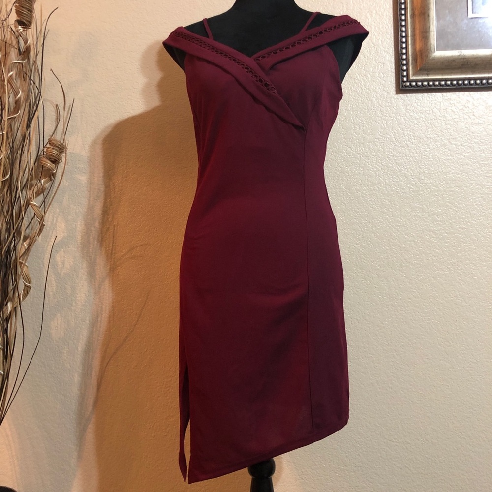 Burgundy dress.
